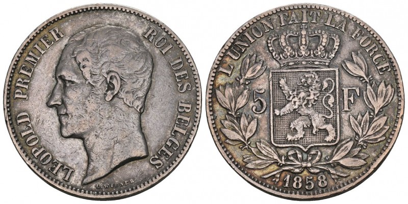 Belgien 1858 5 Francs Silber 25g Selten KM 17 bis ss