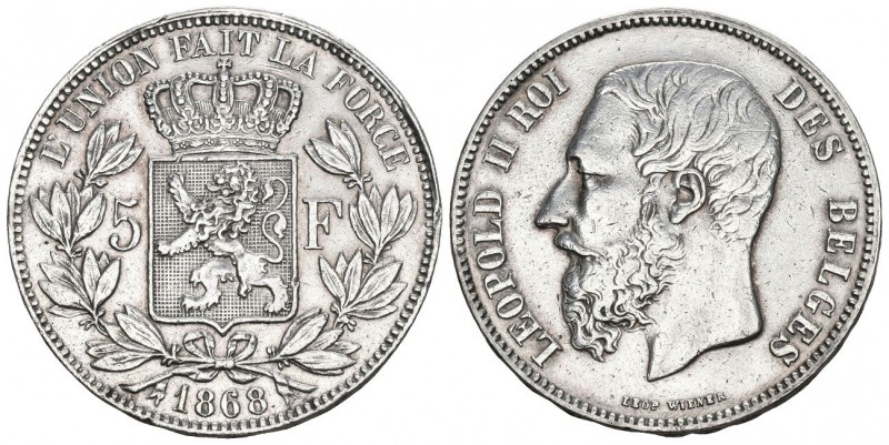 Belgien 1868 5 Francs Silber 25g KM 24 ss+