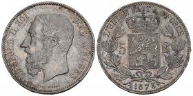 Belgien 1873 5 Francs Silber 25g ss-vz