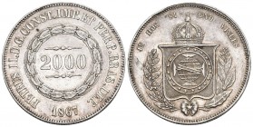 Brasilien 1867 2000 Reis Silber 25.5g selten KM 466 ss-vz
