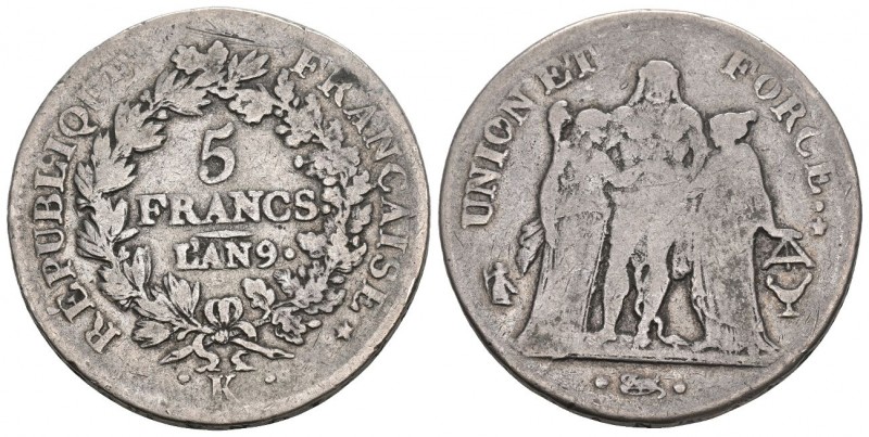 Frankreich AN 9 K 5 Francs Silber 24.3g Seltenes Jahr KM 639.5 schön