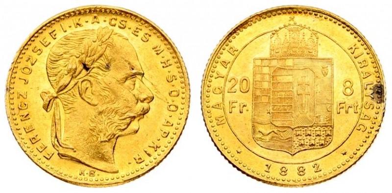 Austria Hungary 8 Forint 20 Francs 1882 KB Franz Joseph I(1848-1916). Averse: La...
