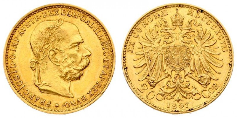 Austria 20 Corona 1897 - MDCCCXCVII Franz Joseph I(1848-1916). Averse: Laureate;...
