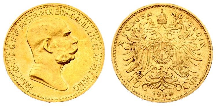 Austria 10 Corona 1909 - MDCCCCIX Franz Joseph I(1848-1916). Averse: Head right....