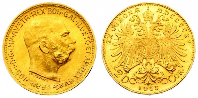 Austria 20 Corona MDCCCCXV (1915) Restrike. Franz Joseph I(1848-1916). Averse: H...