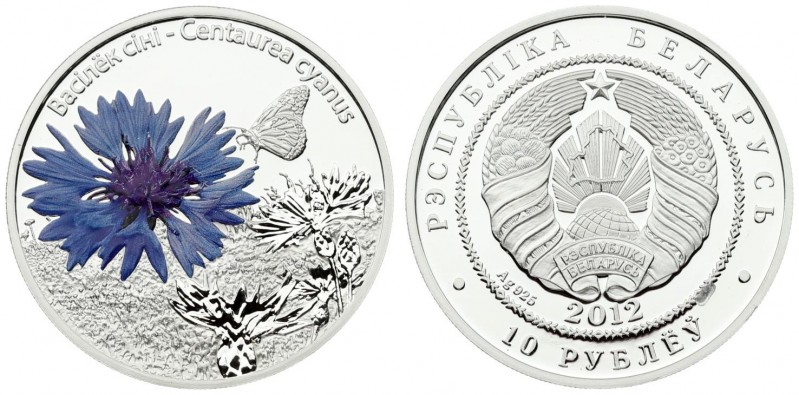 Belarus 10 Roubles 2012. Averse: National arms. Reverse: Centaurea Cyanus flower...