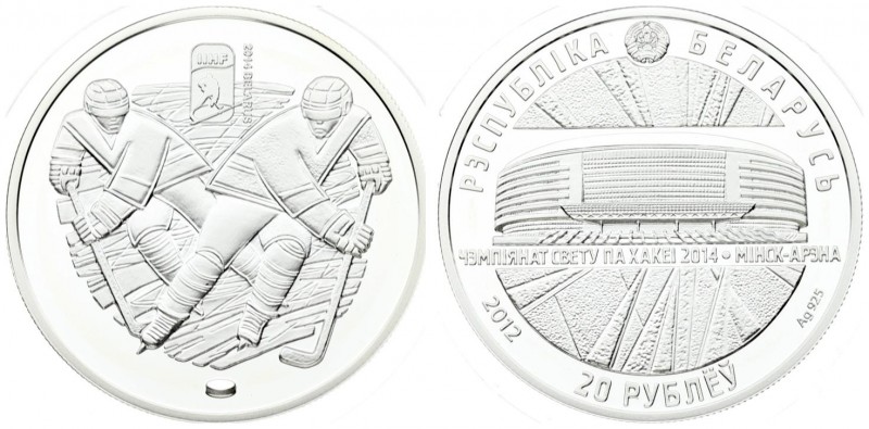 Belarus 20 Roubles 2012 2014 World Ice Hockey Championship. Averse: National arm...