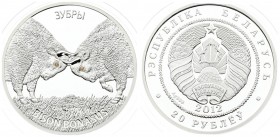 Belarus 20 Roubles 2012. Averse: National arms. Reverse: Two bison butting heads. Silver. KM 422. With capsule