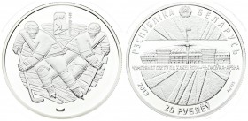 Belarus 20 Roubles 2013 2014 World Ice Hockey Championship. Averse: National arms above Chyzhouka Arena. Reverse: Hockey players. Silver. KM 482. With...