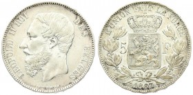 Belgium 5 Francs 1867 Leopold II(1865-1909). Position A. Averse: Smaller head engraver's name near rim below truncation. Averse Legend: LEOPOLD II ROI...