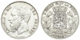 Belgium 5 Francs 1868 Leopold II(1865-1909). Position A. Averse: Smaller head engraver's name near rim below truncation. Averse Legend: LEOPOLD II ROI...