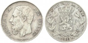 Belgium 5 Francs 1869 Leopold II(1865-1909). Position A. Averse: Smaller head engraver's name near rim below truncation. Averse Legend: LEOPOLD II ROI...