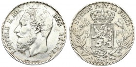 Belgium 5 Francs 1870 Leopold II(1865-1909). Position A. Averse: Smaller head engraver's name near rim below truncation. Averse Legend: LEOPOLD II ROI...