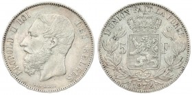 Belgium 5 Francs 1872 Leopold II(1865-1909). Position A. Averse: Smaller head engraver's name near rim below truncation. Averse Legend: LEOPOLD II ROI...