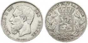 Belgium 5 Francs 1873 Leopold II(1865-1909). Position A. Averse: Smaller head engraver's name near rim below truncation. Averse Legend: LEOPOLD II ROI...