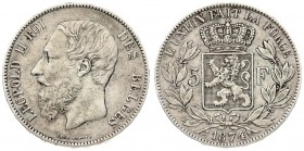 Belgium 5 Francs 1874 Leopold II(1865-1909). Position A. Averse: Smaller head engraver's name near rim below truncation. Averse Legend: LEOPOLD II ROI...