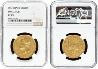 Brazil 20000 Reis 1851 Pedro II(1831-1889). Averse: Head left. Reverse: Crowned arms within wreath. Gold. KM 463. NGC XF 45