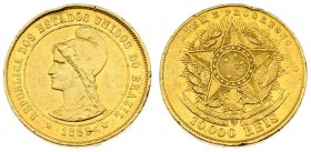 Brazil 10000 Reis 1889 Averse: Liberty head left within circle. Reverse: Star with wreath in background. Gold. Scratches. KM 496