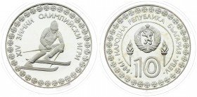 Bulgaria 10 Leva 1984 Winter Olympics. Averse: National arms above denomination; date at bottom left. Reverse: Downhill skier . Silver. KM 146. With c...