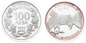 Bulgaria 100 Leva 1992 Averse: Denomination above date within wreath. Reverse: Eagle descending on prey. Silver. KM 226. With capsule