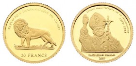 Congo Democratic Republic 20 Francs 2003. Averse: Lion left. Reverse: Pope John Paul II with staff and mitre; waving. Edge Description: Plain. Gold KM...