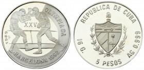 Cuba 5 Pesos 1989 Olympics - Barcelona. Averse: National arms within wreath; plain bars. Reverse: Boxing. Silver. KM 224.1. With capsule