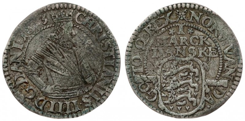 Denmark 1 Mark 1613(b) Copenhagen mint. Christian IV(1588 - 1648). Averse: Crown...