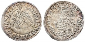Denmark 1 Mark 1618 Christian IV(1588-1648). Averse: Crowned king Bust. Reverse: Value above oval shield on long cross. Silver. KM 52