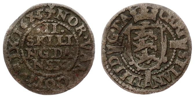 Denmark 2 Skilling 1625(a) Christian IV(1588 - 1648). Averse: Crowned shield on ...