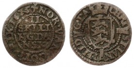 Denmark 2 Skilling 1625(a) Christian IV(1588 - 1648). Averse: Crowned shield on long cross. Reverse: Value in circle; date in legend. Old patina. Silv...