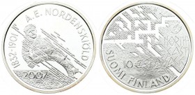 Finland 10 Euro 2007 M P A.E. Nordenskiöld and the Northeast Passage. Sailor at ship's wheel during foul weather. Silver. KM 134. With capsule