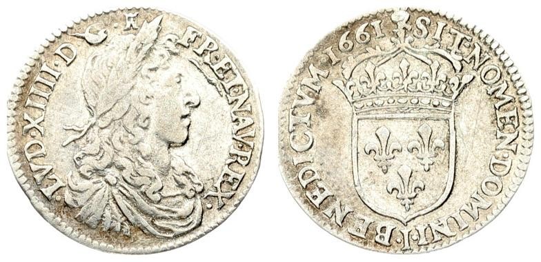 France 1/12 Ecu 1661 I Louis XIV(1643-1715). Averse: Head of Luis XIV. Reverse: ...