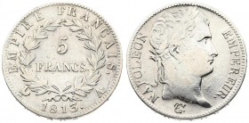 France 5 Francs 1813 A Napoleon(1804-1814). Averse: Laureate head right. Averse Legend: NAPOLEON EMPEREUR. Reverse: Denomination within wreath. Revers...