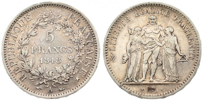 France 5 Francs 1848 A Averse: Hercules group. Reverse: Denomination within wrea...