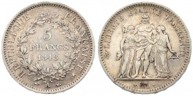 France 5 Francs 1848 A Averse: Hercules group. Reverse: Denomination within wreath. Silver. KM 756.1