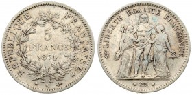 France 5 Francs 1874 K Averse: Hercules group. Reverse: Denomination within wreath. Silver. Scratches. KM 820.2