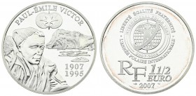 France 1-1/2 Euro 2007 Paul E. Victor 100th Birthday. Averse: International Polar Year Logo. Reverse: Bust at left; Islands. Silver. KM 1473. With cap...