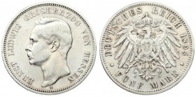 Germany HESSE-DARMSTADT 5 Mark 1895 A Ernst Ludwig(1892-1918). Averse: Head left. Averse Legend: ERNST LUDWIG GROSHERZOG VON HESSEN. Reverse: Crowned ...