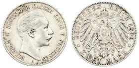 Germany Prussia 2 Mark 1899 A. Wilhelm II (1888-1918). Averse: Head right. Reverse: Crowned imperial eagle with shield on breast. Edge Description: Re...