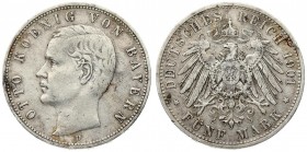 Germany Bavaria 5 Mark 1901 D. Otto (1886-1913). Averse: Head left. Reverse: Crowned imperial eagle shield on breast. Edge Lettering: GOTT MIT UNS. Si...