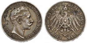 Germany Prussia 3 Mark 1908 A. Wilhelm II (1888-1918). Averse: Head right. Reverse: Crowned imperial eagle with shield on breast. Edge Lettering: GOTT...