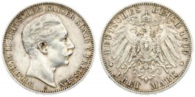 Germany Prussia 3 Mark 1909 A. Wilhelm II (1888-1918). Averse: Head right. Reverse: Crowned imperial eagle with shield on breast. Edge Lettering: GOTT...