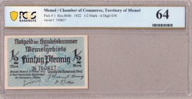 Germany Memel 1/2 Mark 1922 Chamber of Commerce; Territory of Memel Pick # 1; Ros.846b; 6 Digit S/N Serial # 750827. PCGS 64
