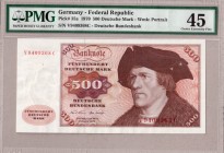 Germany Federal Republic 500 Deutsche Mark 1970 Banknote . Pick # 35a. Wmk: Portrait S/N V9049368 C. PMG 45 Choice Extremely Fine