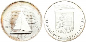 Germany Medal 1990 100 years Flensburg Sailing Club. Averse: Coat of arms. Reverse: Sailing yacht in front of three masters. Bronze medal silver plate...