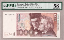 Germany Federal Republic 1000 Deutsche Mark 1993 Banknote RARE. Pick # 44b. S/N AG1572114Z8. PMG 58 Choice About Unc