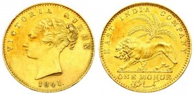 Great Britain India 1 Mohur 1841(c) Victoria(1837-1901). Averse: Head left; dot on truncation. Averse Legend: VICTORIA QUEEN. Reverse: Palm tree; lion...