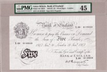 Great Britain 5 Pounds 1944-47 Bank of England Banknote. Pick#342 B255 1944-47 5 - Thick Paper London S/N L29 014859 - Sign. K.O. Peppiatt. PMG Choice...