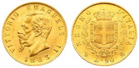 Italy 20 Lire 1863T BN Vittorio Emanuele II(1861-1878). Averse: Head left. Averse Legend: VITTORIO EMANUELE II. Reverse: Crowned shield within wreath....