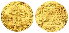 Netherlands HOLLAND 1 Ducat 1744 Averse: Armored; standing Knight holding bundle of arrows divides date without inner circle. Averse Legend: CONCORDIA...